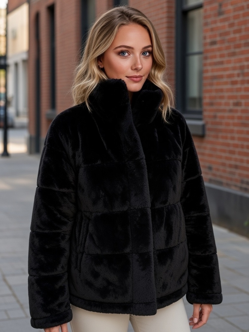 Avec Les Filles Black Faux Fur Puffer Jacket Quilted Coat Gorpcore Plush NWOT S
